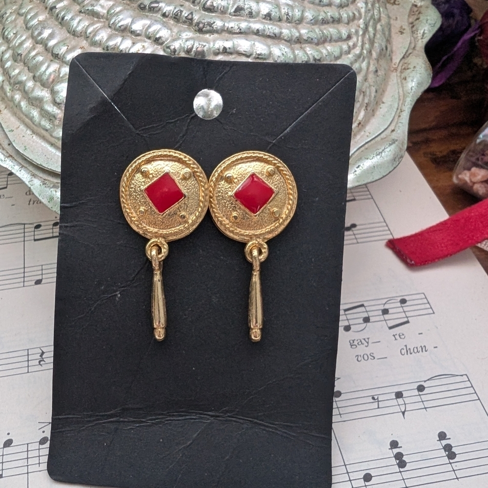 Vintage Gold and Red Dangle Earrings